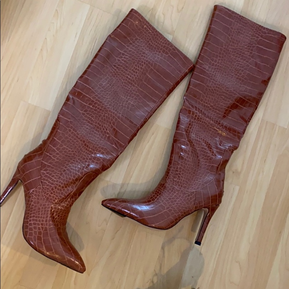 Amazon Women's Over-the-Knee Croc-Embossed Boots - Rust Brown